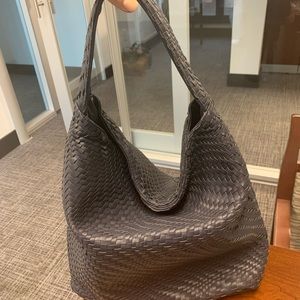 Deux lux Navy faux leather hobo basket weave handbag.